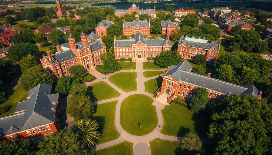 University campus aerial view with brick buildings and pathways, no-bid vaccine-autism study.