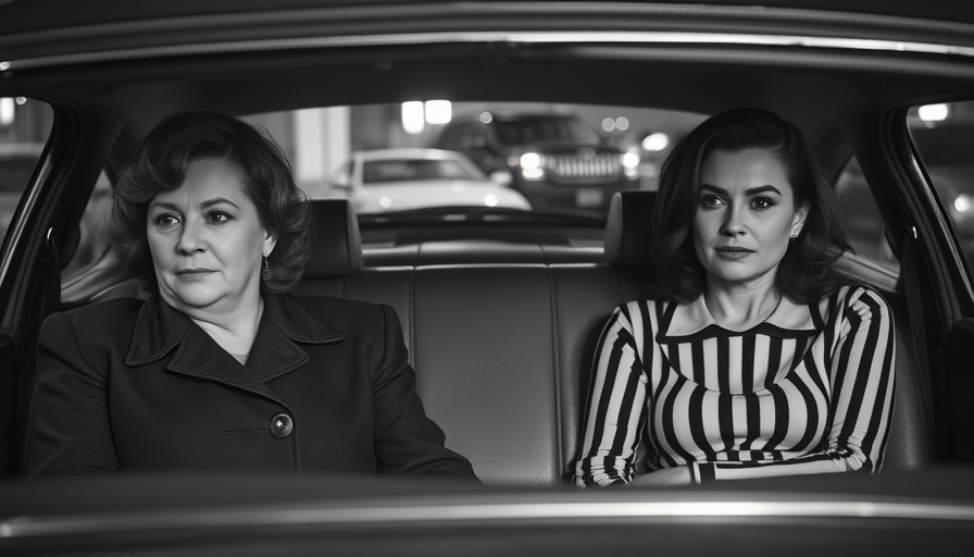 Two women sitting in a car's backseat in a vintage setting, reflecting quiet moments, black and white.