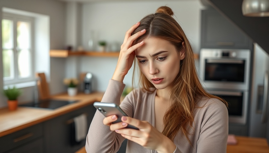 Woman feeling stressed about scam recovery, checking phone in kitchen.