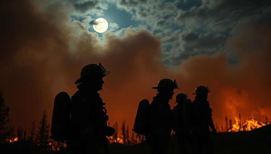 Firefighters in silhouette combat wildfire under moonlit sky, natural gas production.