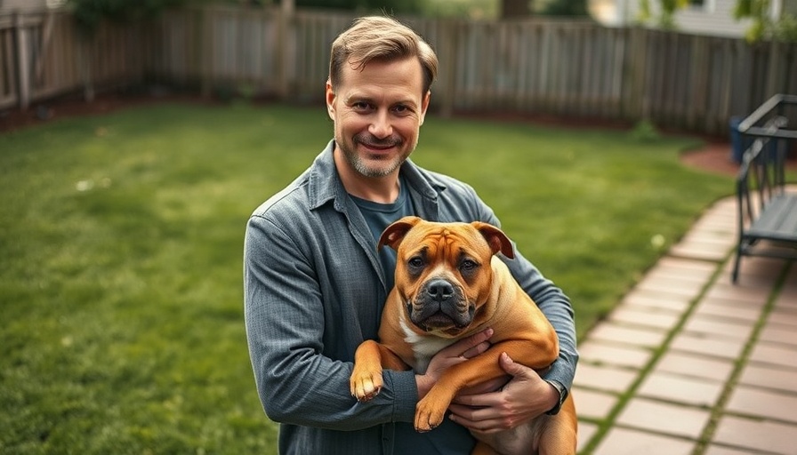 Man in casual attire holding a pit bull outside.