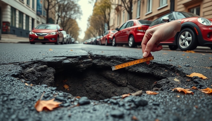 Newport pothole with parked cars and hand measuring damage.