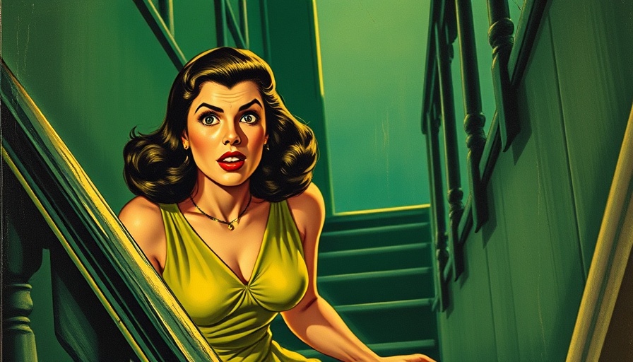 Vintage book cover of woman on staircase showcasing suspense.