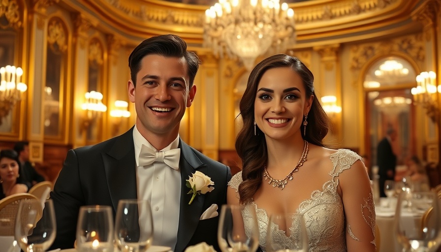 Elegant couple at royal banquet with gold decor, smiling warmly.