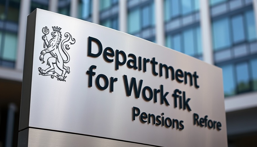 Metallic sign for Department for Work and Pensions, UK emblem visible.