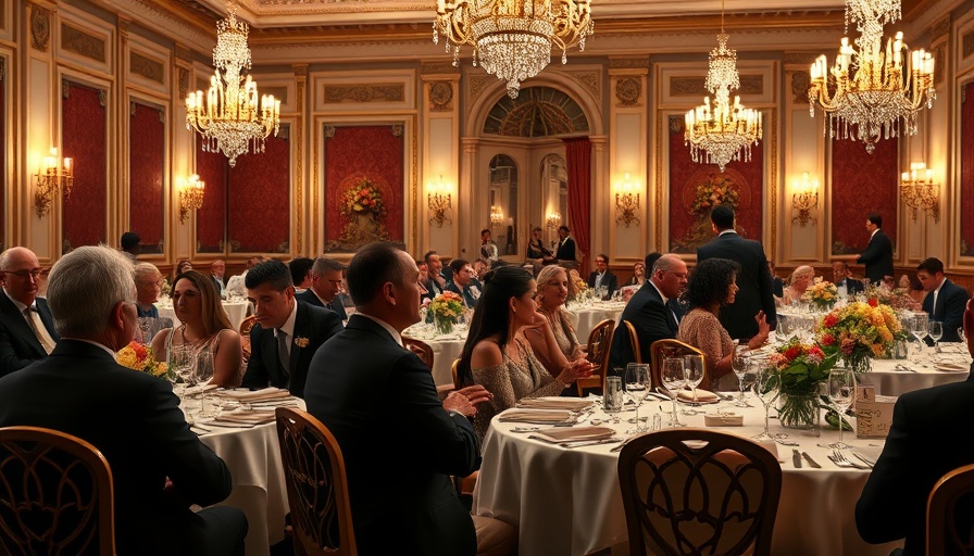 French state banquet at Windsor Castle with guests around an ornate table.