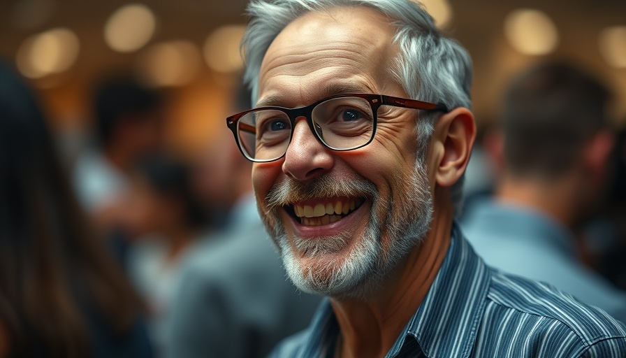 Smiling man in glasses at an indoor event.
