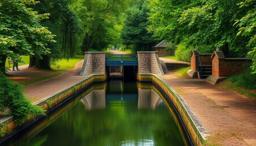 Canal lock of Mon and Brec Waterway nestled in lush greenery.