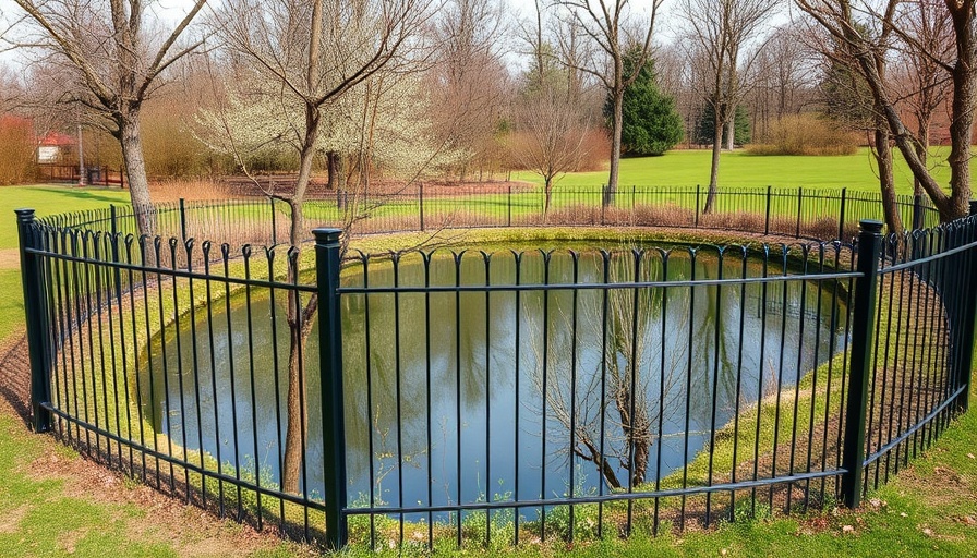 Fence around pond for protecting breeding swans in a park.