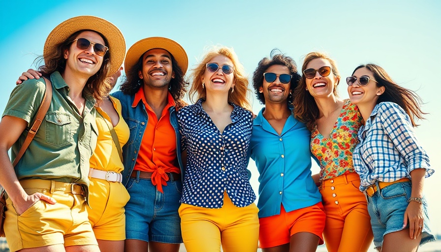 Group of friends embracing retro fashion style under a blue sky.