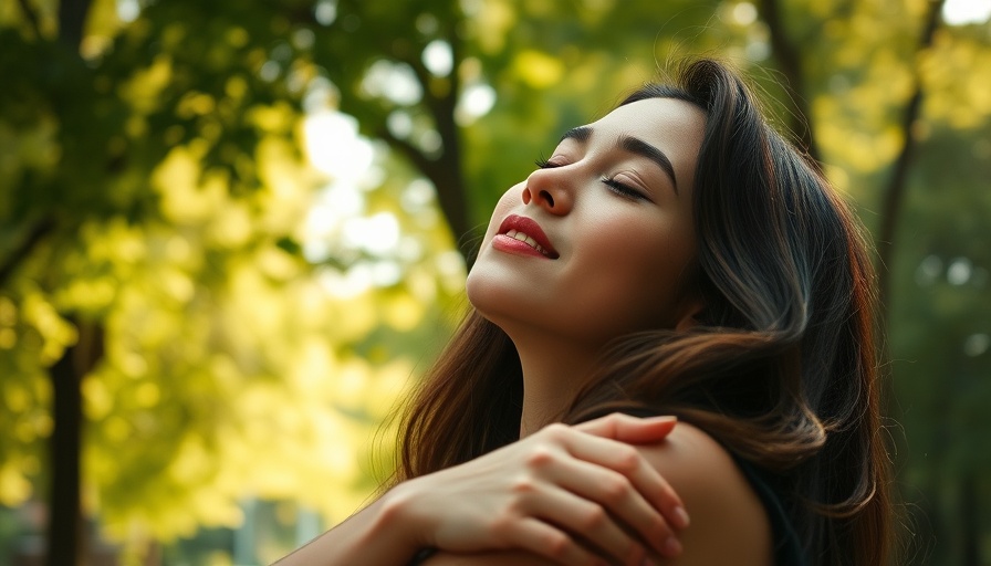 Relaxed woman in nature, enjoying freedom, representing Micro Healing with Technology.