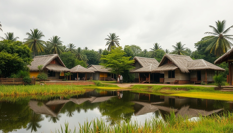 Rural wellness setting with traditional thatched huts and lush greenery.