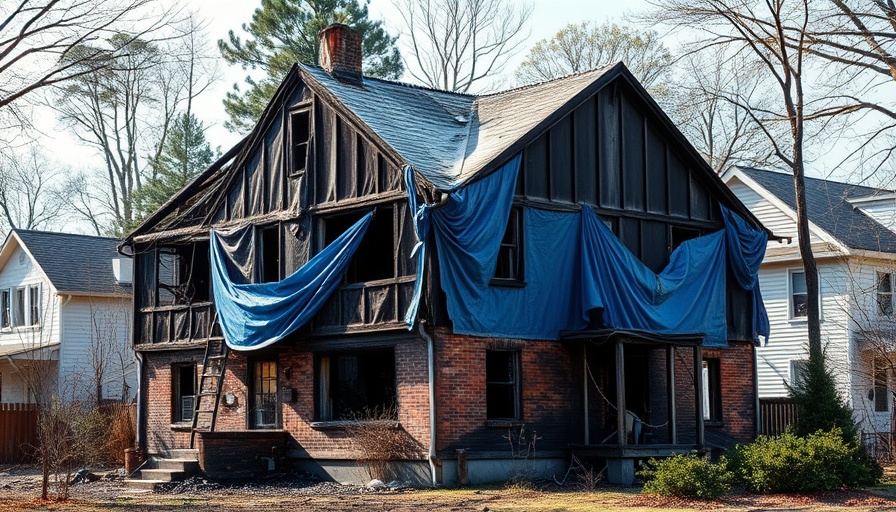 Boy dies in South London flat fire; charred building with blue tarp.
