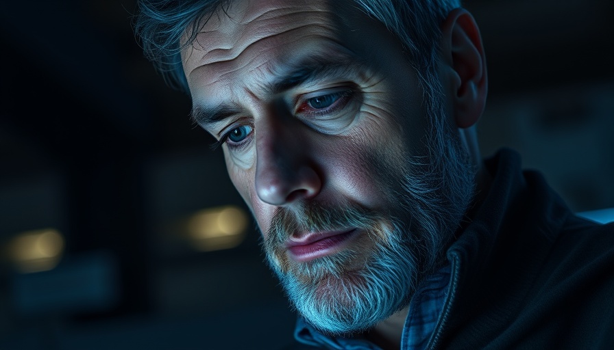 Man illuminated by blue light from smartphone, suggesting need for blue light blocking skincare.