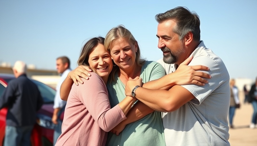 Emotional family embrace during an outdoor event.