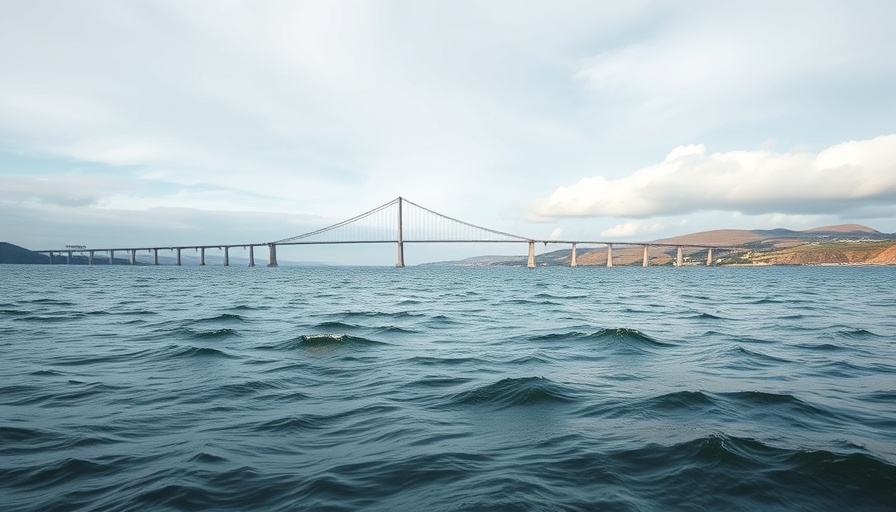 Severn Bridge spans over calm waters under cloudy sky.