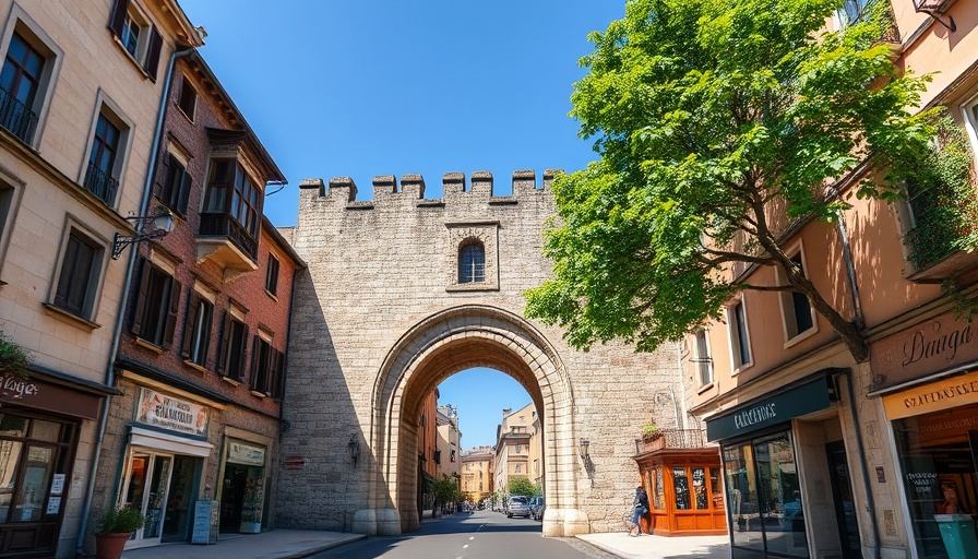 Historic gateway and architecture in Chepstow under blue sky