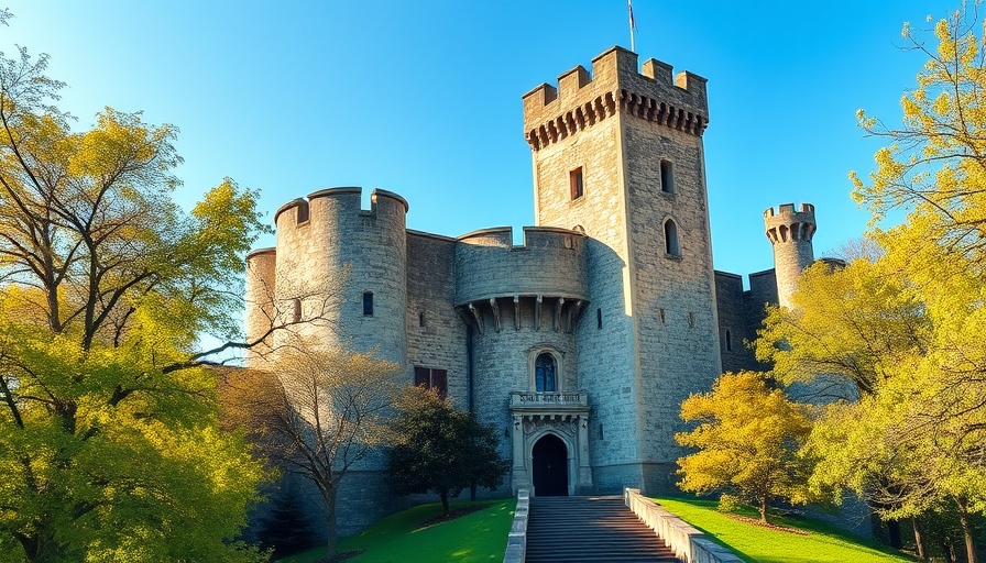 Panoramic view of ancient castle under a blue sky