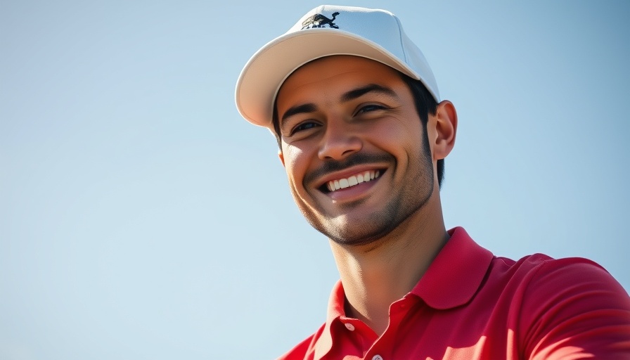Golfer in red shirt smiling under the sun at The Open 2025.