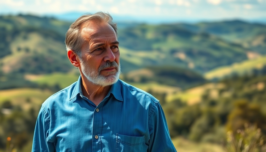Man considering Wilderness Centre restoration funding in scenic landscape.
