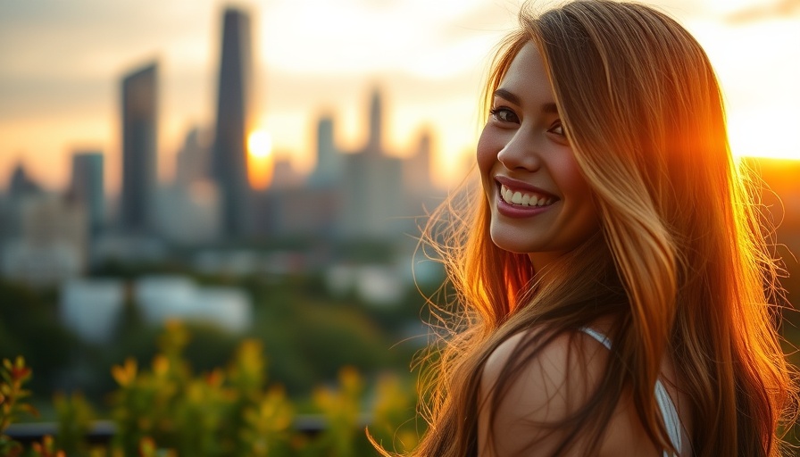Joyful woman in sunset cityscape expressing unconditional self-worth.