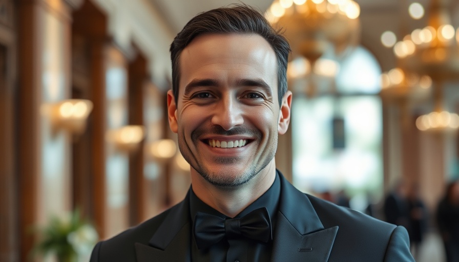 Smiling man in black formal attire at an event, vibrant setting.
