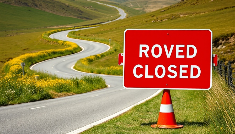 Forest of Dean road closures sign with cone on rural road.