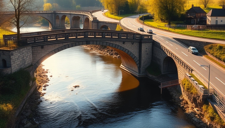 Crickhowell Bridge with road under sunny skies.