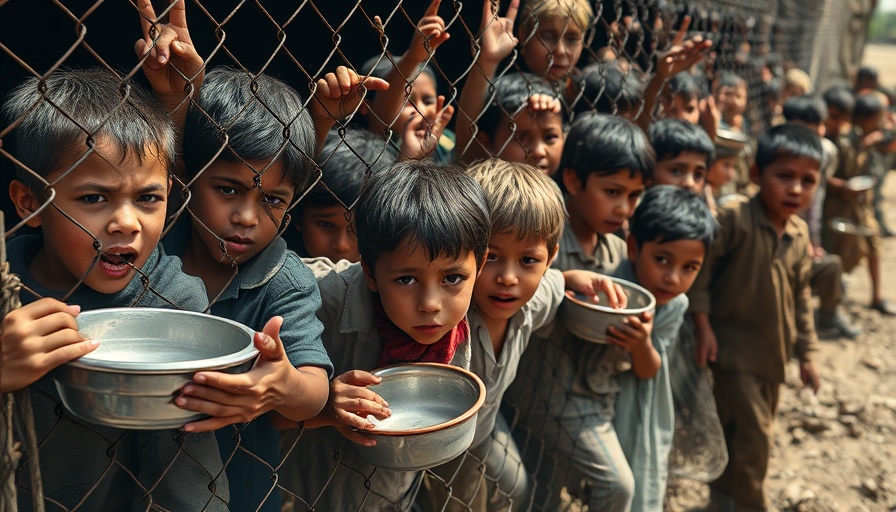 Gaza children reaching through fence, holding empty bowls in despair.