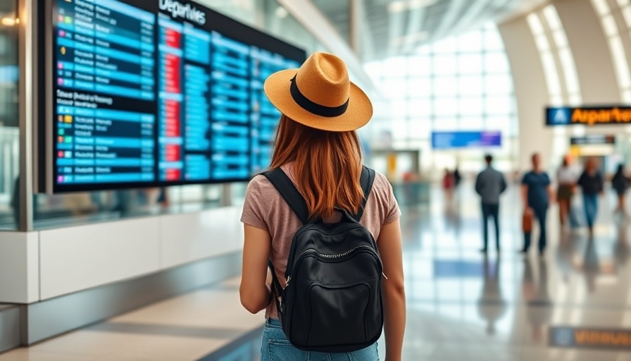Traveler checks departure board in modern airport terminal.