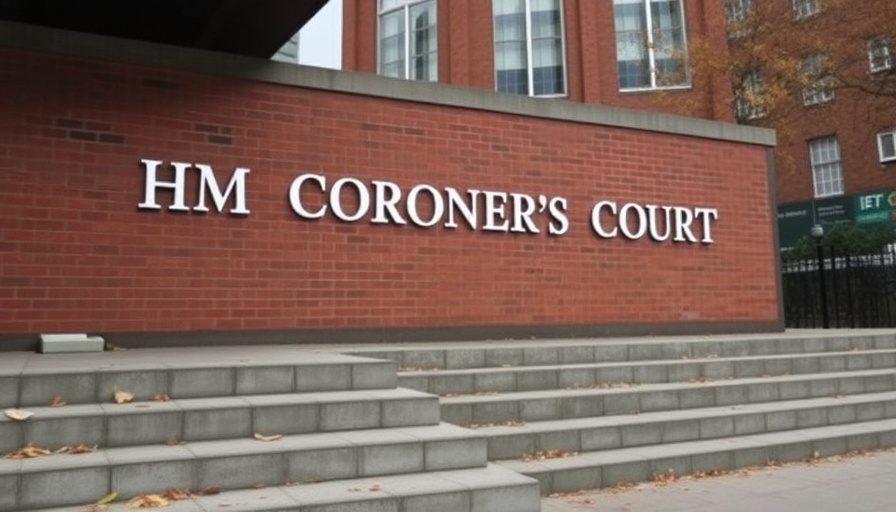 HM Coroner's Court Surrey facade with autumn leaves.