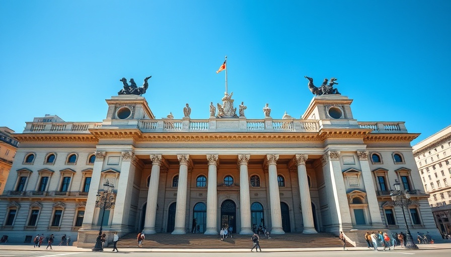 Neoclassical building with columns and statues in urban setting.