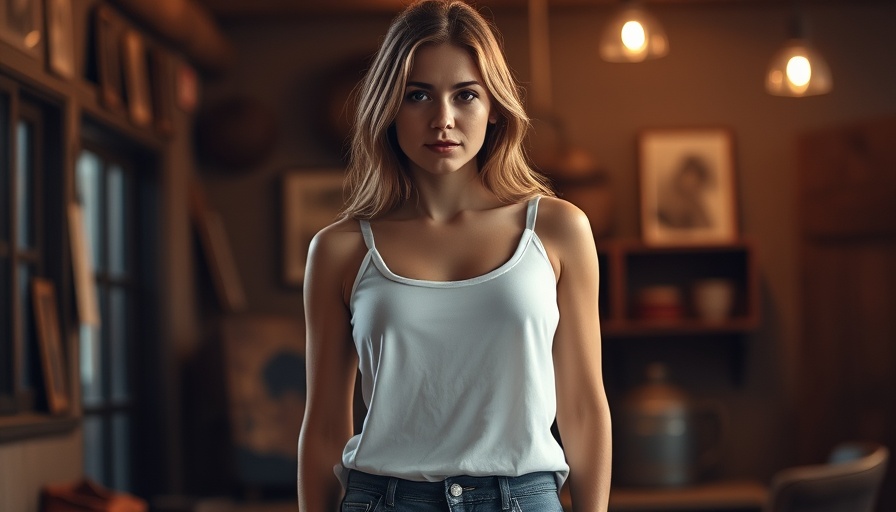 Casual woman wearing a tank top in Rockfield, rustic indoor setting.