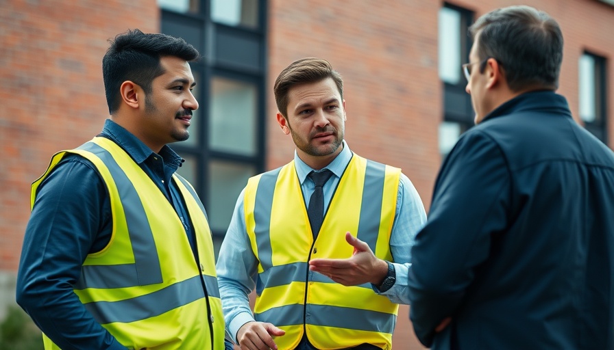 Two professionals in yellow vests discussing with a colleague outside a brick building, leadership coup Conservative Party.