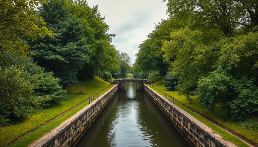 Narrow stone canal lock highlighting water abstraction challenges in rural setting.