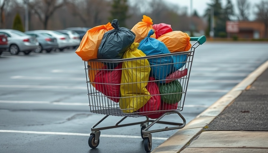 Abandoned cart with trash bags in parking lot, community cleanup.