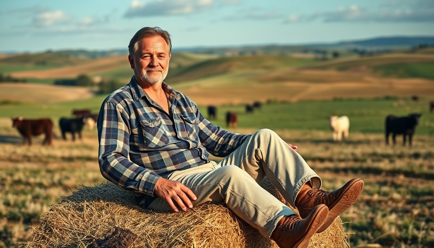 Middle-aged man promoting farm safety awareness seated on hay bale.
