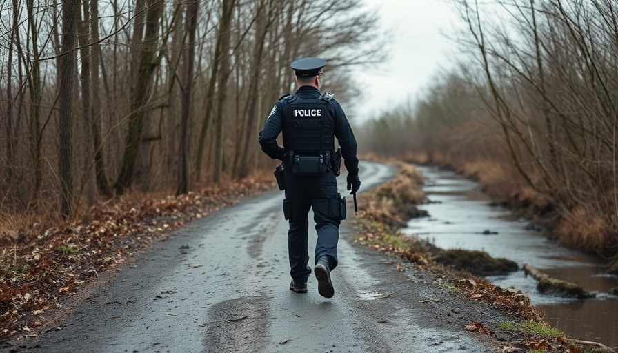 Police officer patrolling path by stream under cloudy sky