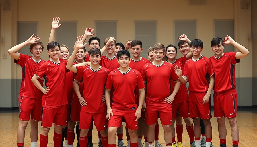 Youth sports team in Spain posing indoors with coaches.