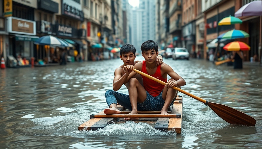Photojournalism highlights: Two men on raft in flooded street, urban resilience.