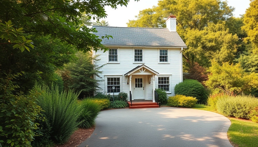 Candle Wood Cottage for sale surrounded by greenery and blue sky.