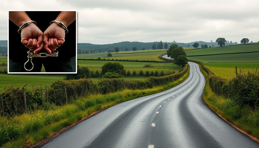 Rural road with handcuffed hands inset, related to 93-year-old woman arrest.