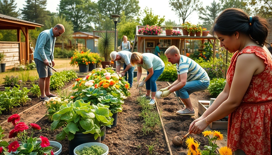 Abergavenny community members gardening, vibrant and collaborative.