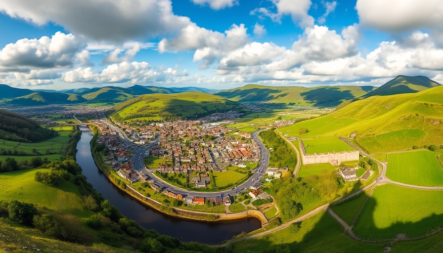 Panoramic view of Abergavenny landscape highlighting green hills and the town.