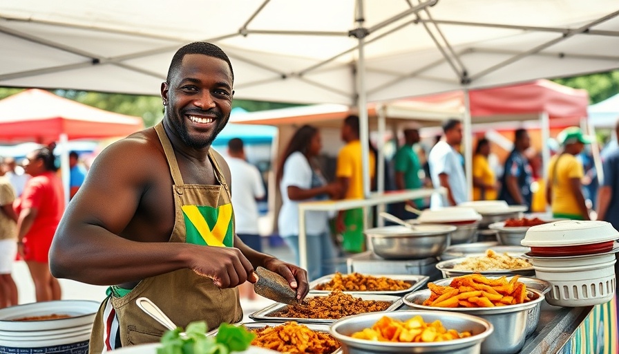 Jamaican cooking in Chepstow market stall with chef.