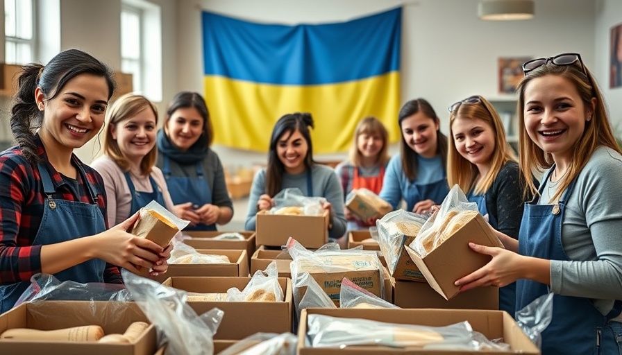 Local volunteers raise awareness about Ukraine by packing food supplies.