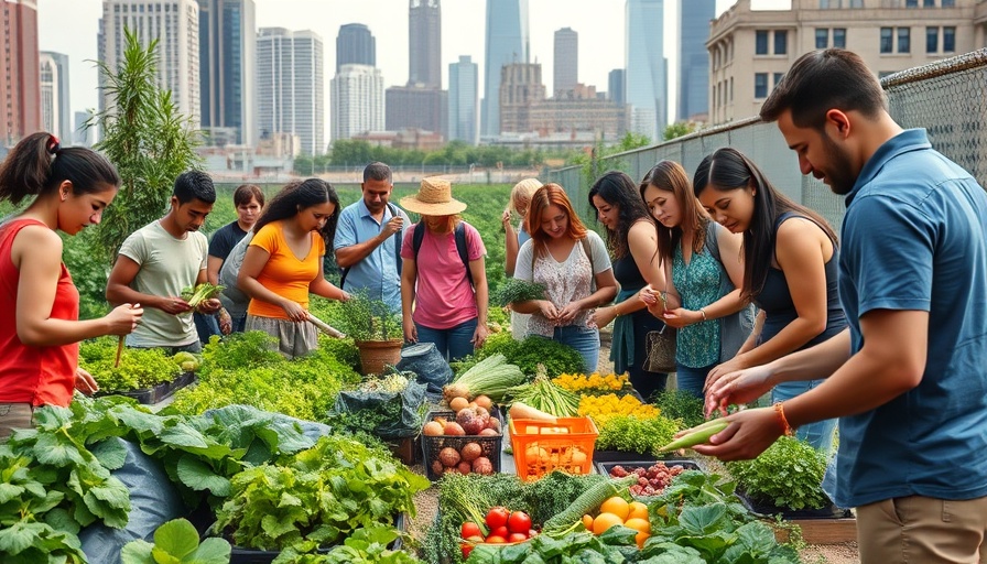 Community members harvesting vegetables in urban farm for food security.