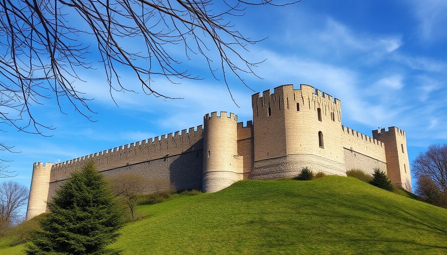 Medieval castle walls and trees in Chepstow under a blue sky.