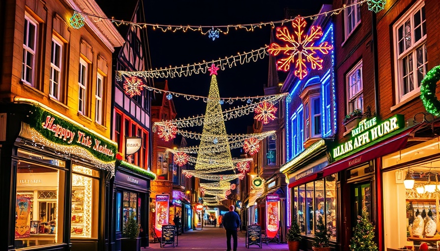Chepstow street with festive Christmas lights display, vibrant night scene.