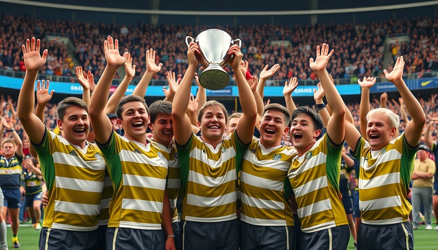 Caldicot RFC Youth team celebrates victory on field with trophy.
